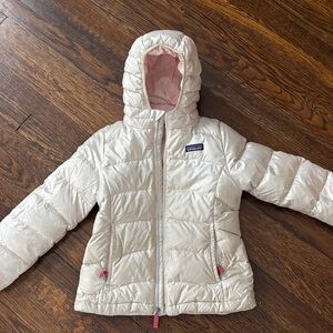 Patagonia Cream Hooded Puffer Jacket with Pink Accents